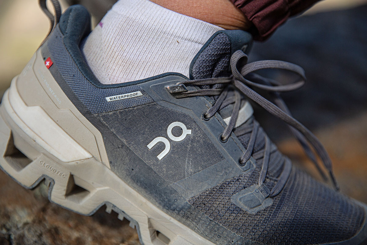 On Cloudwander Waterproof hiking shoes (logo closeup)